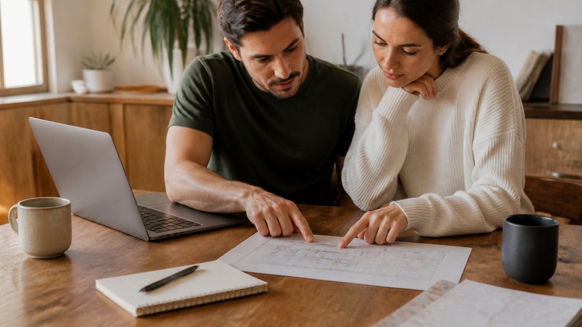 A couple sitting at a dining table with a laptop open, reviewing a seating chart on screen while pointing at a printed floor plan, with coffee mugs and a notebook nearby
