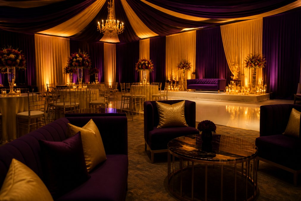 Elegant event space with luxurious floor-to-ceiling venue draping in deep jewel tones, professional lounge furniture arranged for mingling, and mesmerizing up-lighting in warm gold creating an opulent ambiance for a wedding reception