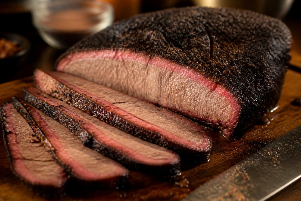 Close-up of a perfectly smoked brisket with deep charred bark crust, sliced to reveal pink smoke ring, with visible seasoning particles on the surface under warm lighting
