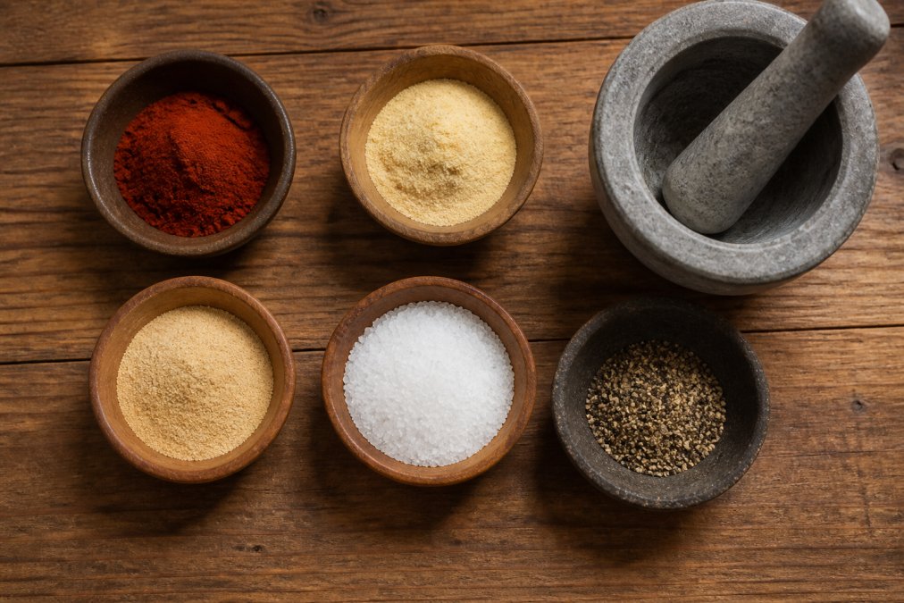 Overhead view of individual spice bowls arranged on wooden surface containing paprika, garlic powder, onion powder, kosher salt, and black pepper, with mortar and pestle nearby