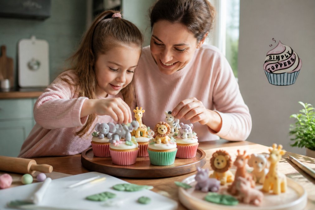 Close-up of a parent and child decorating cupcakes together with colourful handmade edible animal toppers, warm kitchen setting, natural light, smiling faces