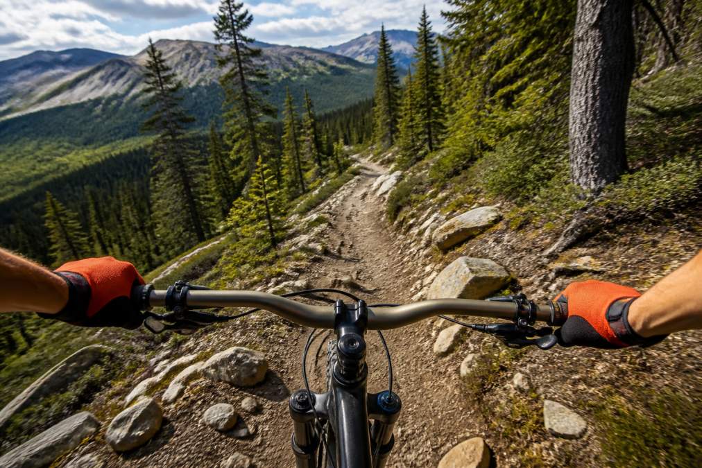 A mountain biker's hands gripping wide alloy handlebars from the rider's first-person perspective, rocky singletrack trail stretching ahead, arms extended naturally, afternoon sunlight catching the anodized bar surface