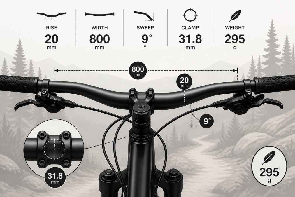Close-up of a mountain bike cockpit showing an alloy riser handlebar clamped to a stem, brake levers and grips installed, forest singletrack trail visible in the background, natural morning light