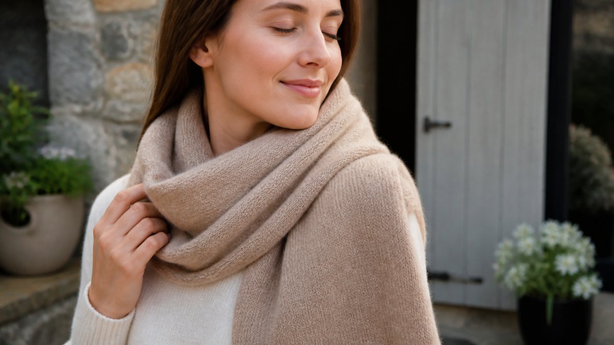 Person with sensitive skin wearing a luxuriously soft alpaca scarf draped around shoulders in natural daylight, showing comfort and ease, with close-up detail of the fine fabric texture