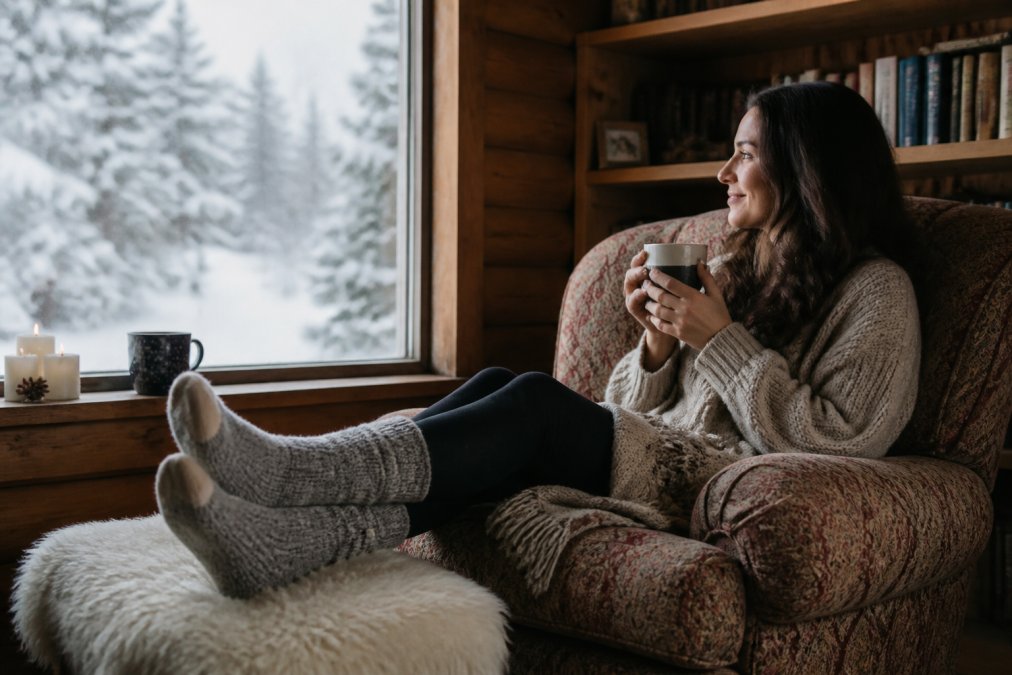 Person sitting by a frosted window with feet elevated on a cozy footrest, wearing thick alpaca socks, warm indoor setting with snow visible outside