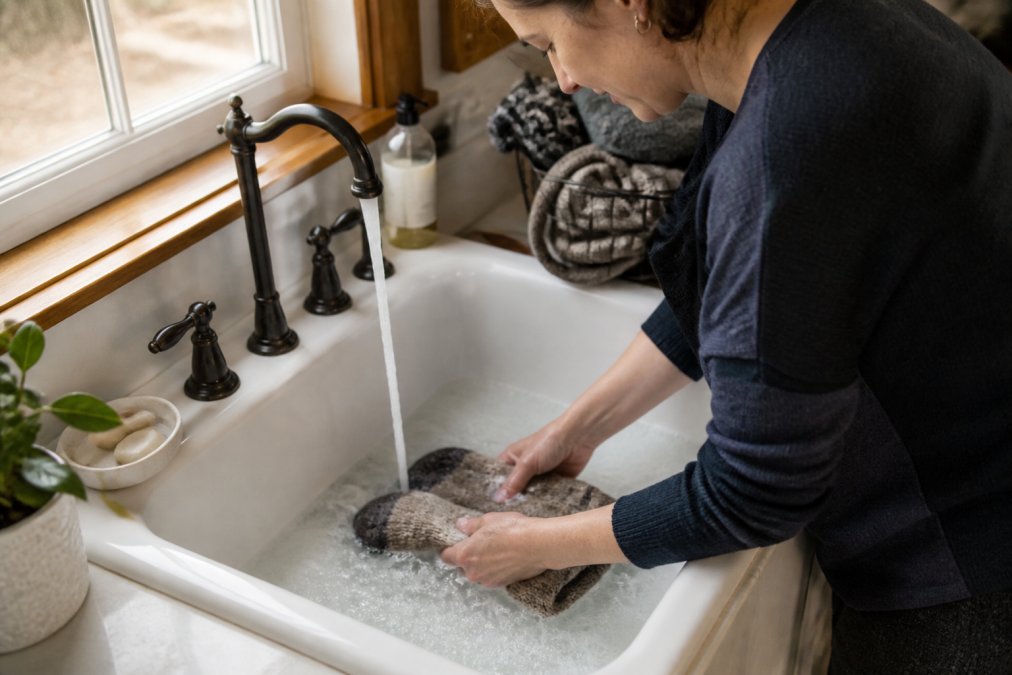 Hands gently washing thick alpaca socks in cool water in a white sink, demonstrating proper hand-washing technique with mild soap, natural lighting