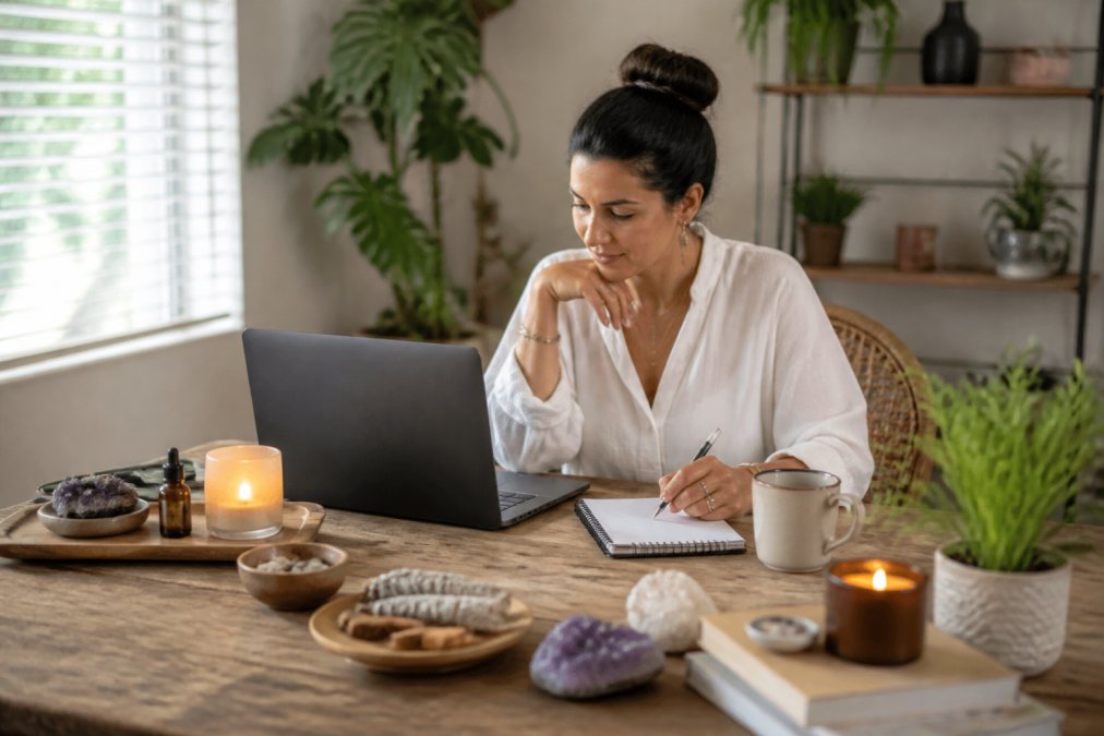 Woman reviewing subscription platform options on a laptop surrounded by self-care items in a bright home office
