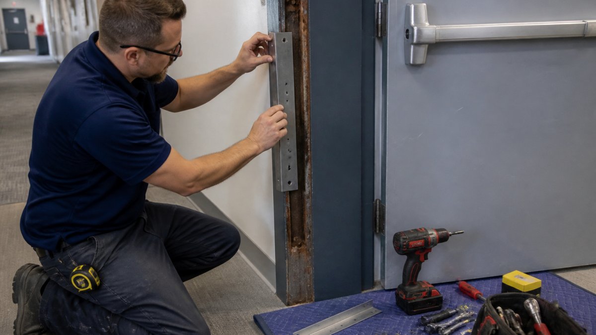 Commercial maintenance technician installing a jamb patch repair kit on a rusted steel door frame in a professional building hallway, carefully aligning the patch against the corroded jamb while securing hardware