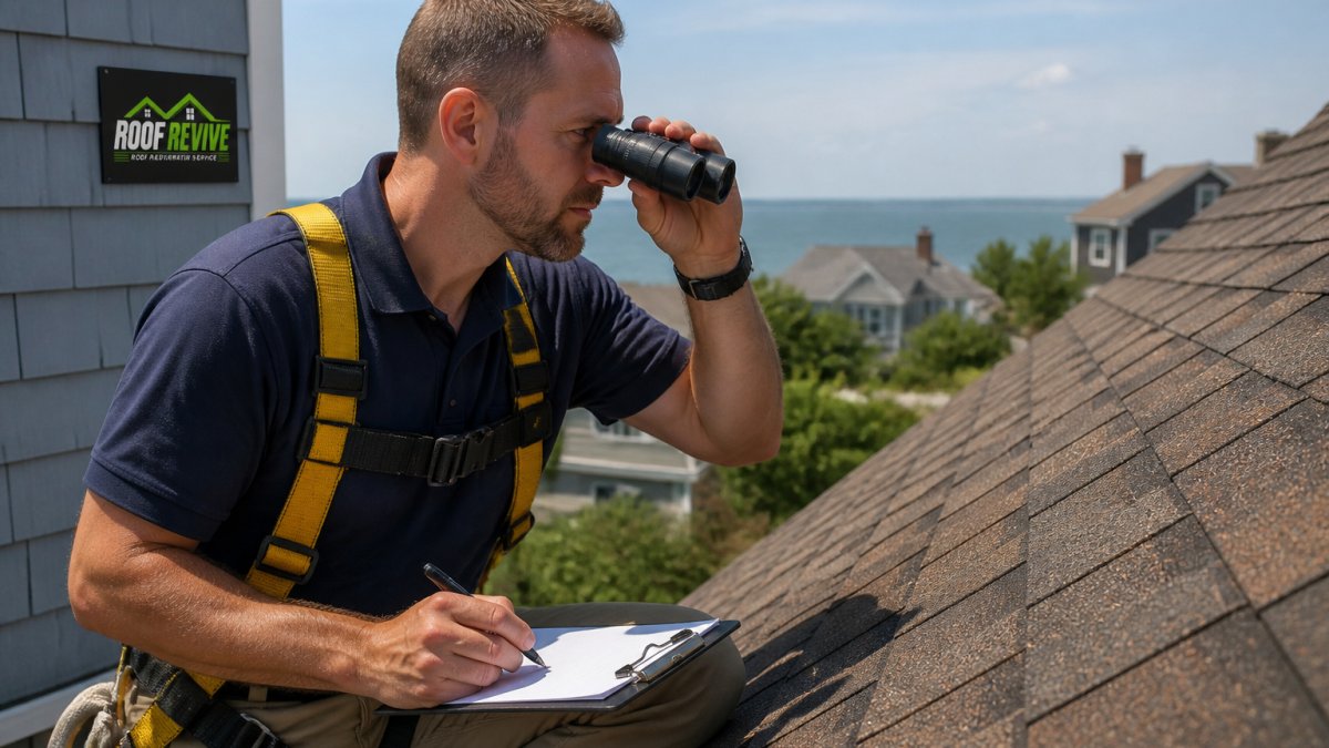 Professional roof inspector in safety harness examining asphalt shingles with binoculars and clipboard, documenting granule condition and wear patterns in bright daylight