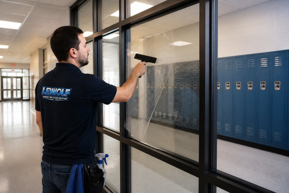 A professional window film installer applying clear security film to a large glass window in a school hallway, using a squeegee to smooth the film, with school lockers visible in the background