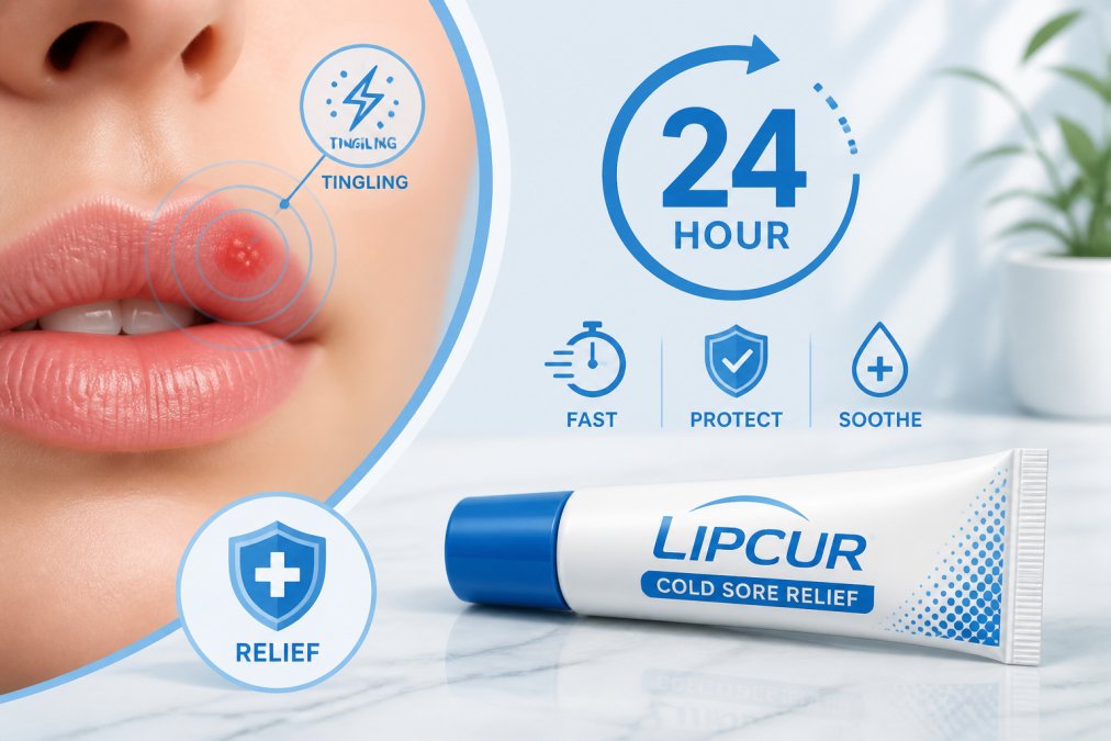 Close-up of a person's lips showing early cold sore symptoms with tingling sensation, LipCur product tube visible on a marble surface in natural morning light