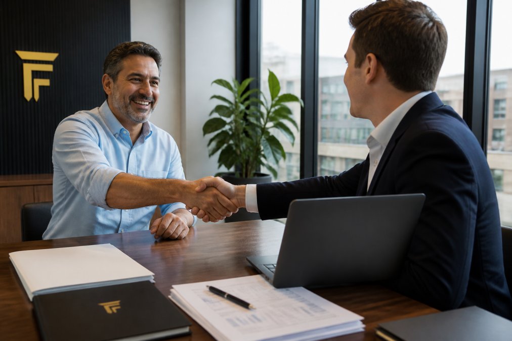 A business owner and a lender shaking hands across a desk in a bright office, with financial documents and a laptop showing cash flow projections nearby
