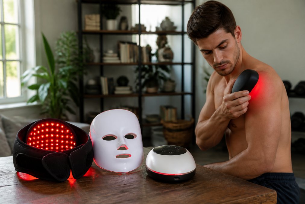 Athlete applying red light therapy device to shoulder during post-workout recovery session in home gym setting, natural window lighting illuminating the space