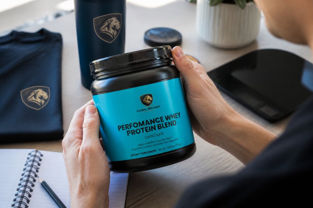 Close-up of hands holding a supplement bottle while examining the third-party testing label and ingredient list in natural daylight