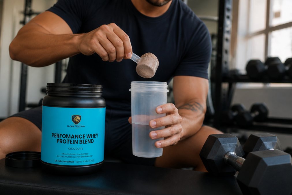 Fitness enthusiast mixing protein powder in a shaker bottle in a home gym setting with dumbbells visible in the background
