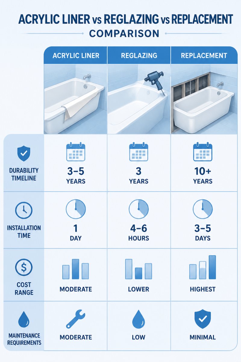 Comparison matrix showing acrylic liners vs reglazing vs replacement across durability timeline (3-5 years vs 3 years vs 10+ years), installation time (1 day vs 4-6 hours vs 3-5 days), cost range (moderate vs lower vs highest), and maintenance requirements (moderate vs low vs minimal)