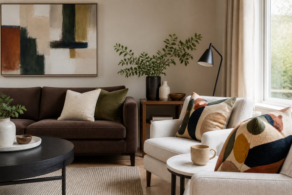 Infographic showing color palette alternatives to beige for a modern living room with brown sofa and accent pillows