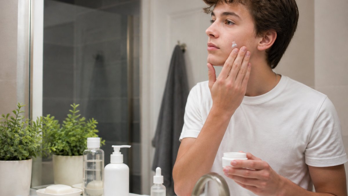 A teenager with clear, healthy skin gently applying a lightweight moisturizer in a bright bathroom, with a simple skincare routine laid out on the counter