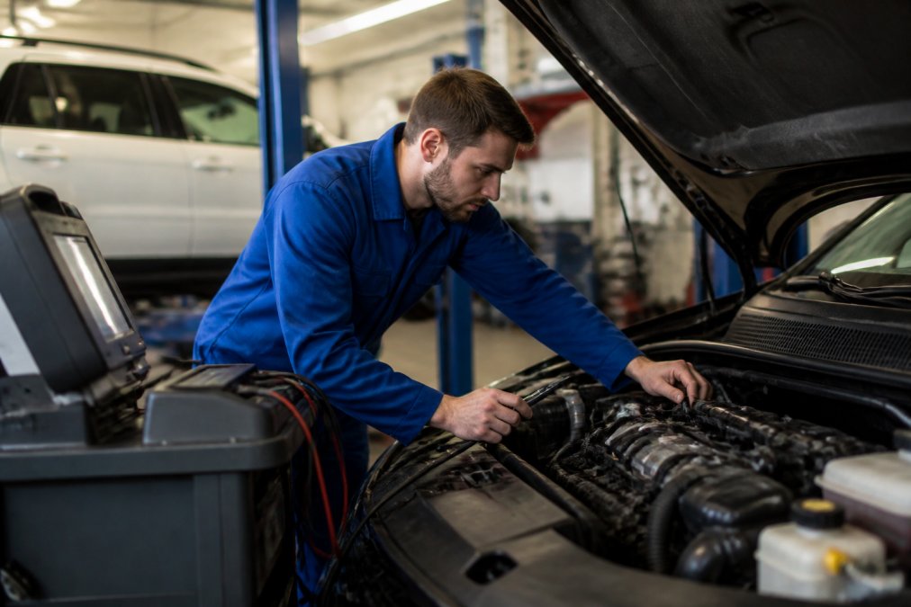 ASE-certified mechanic in blue uniform working on engine diagnostics with computerized diagnostic equipment visible in modern automotive repair shop with bright overhead lighting