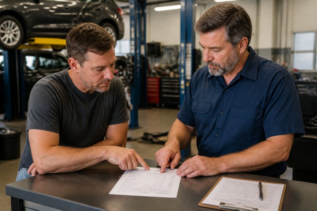 Customer in casual clothing reviewing detailed repair estimate paperwork with ASE-certified mechanic in blue shop uniform at service counter, both pointing to specific line items on the document under fluorescent shop lighting