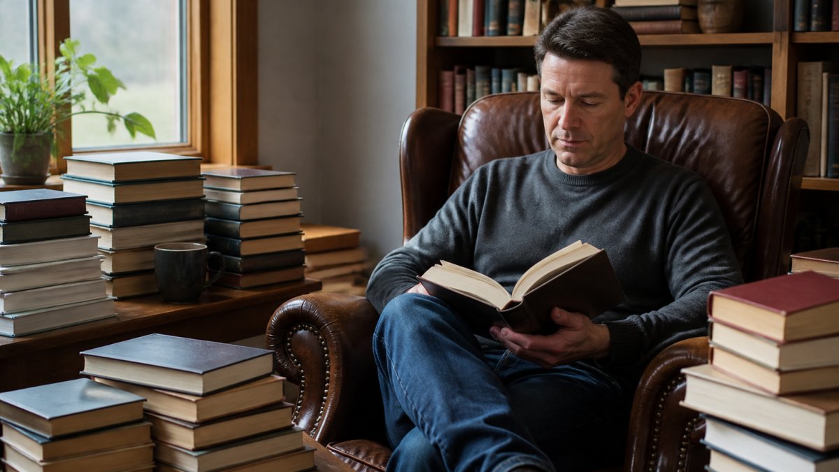 Person reading a personal development book while researching alternatives to Brené Brown in a cozy, sunlit room.