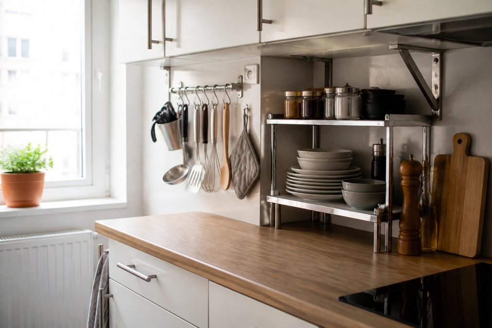 Compact apartment kitchen showing wall-mounted hanging organizer with utensils and a tiered metal shelf installed under cabinets, demonstrating space-saving storage in tight quarters with natural light from window