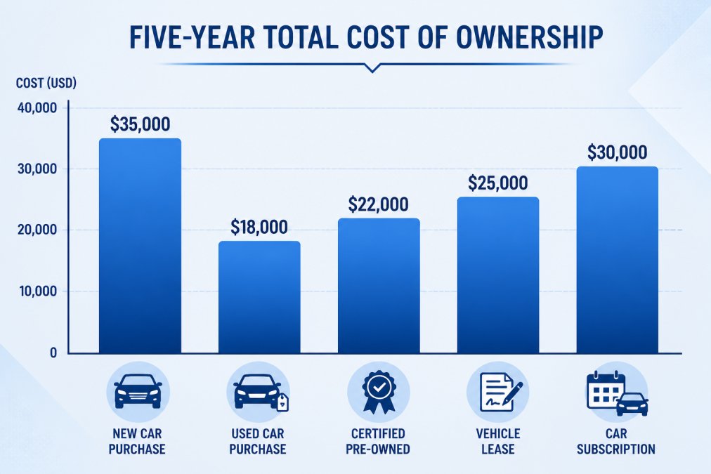 Bar chart comparing five-year total cost of ownership for alternatives to buying a new car across five vehicle types.