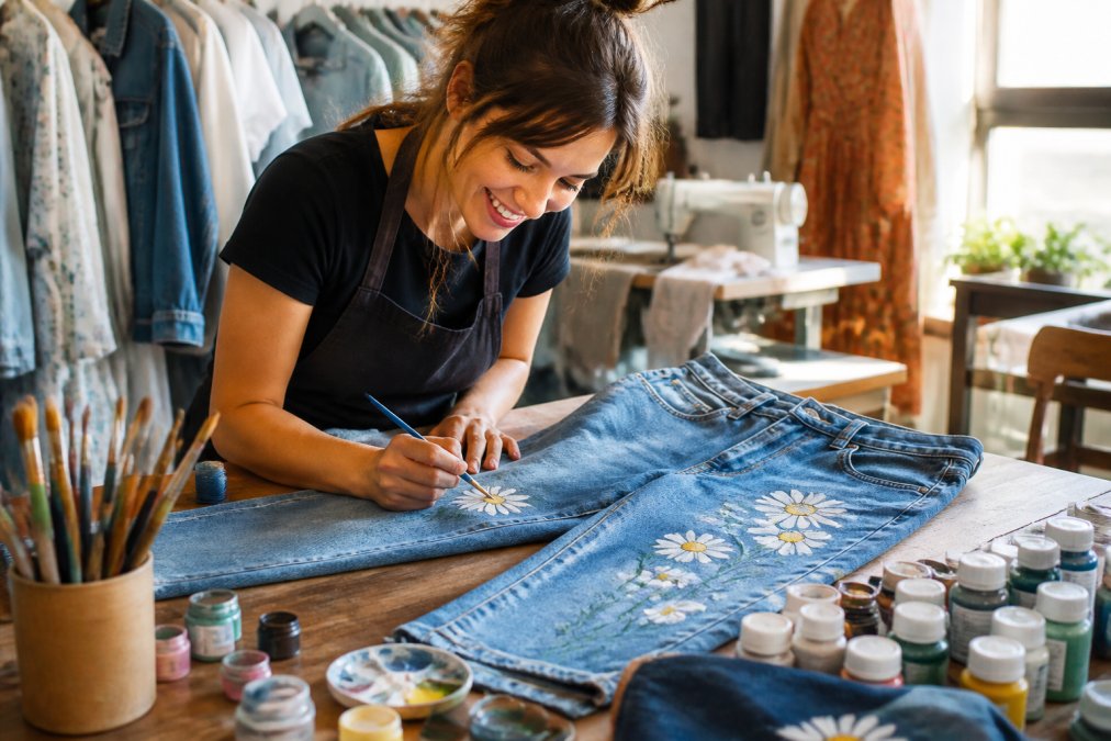 A close-up of a pair of hand-painted jeans with floral daisy designs, displayed on a wooden table alongside paintbrushes and fabric paints in a bright tailoring studio