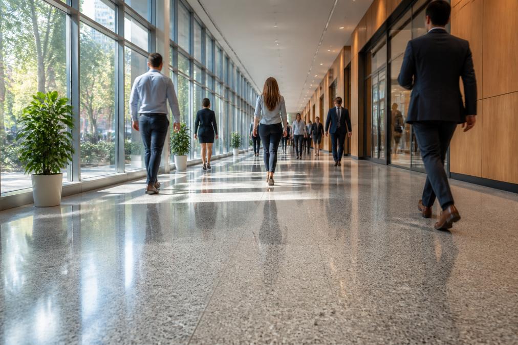 Professional office hallway with multiple employees walking across modern durable flooring, natural sunlight streaming through large windows, contemporary workspace with polished surfaces