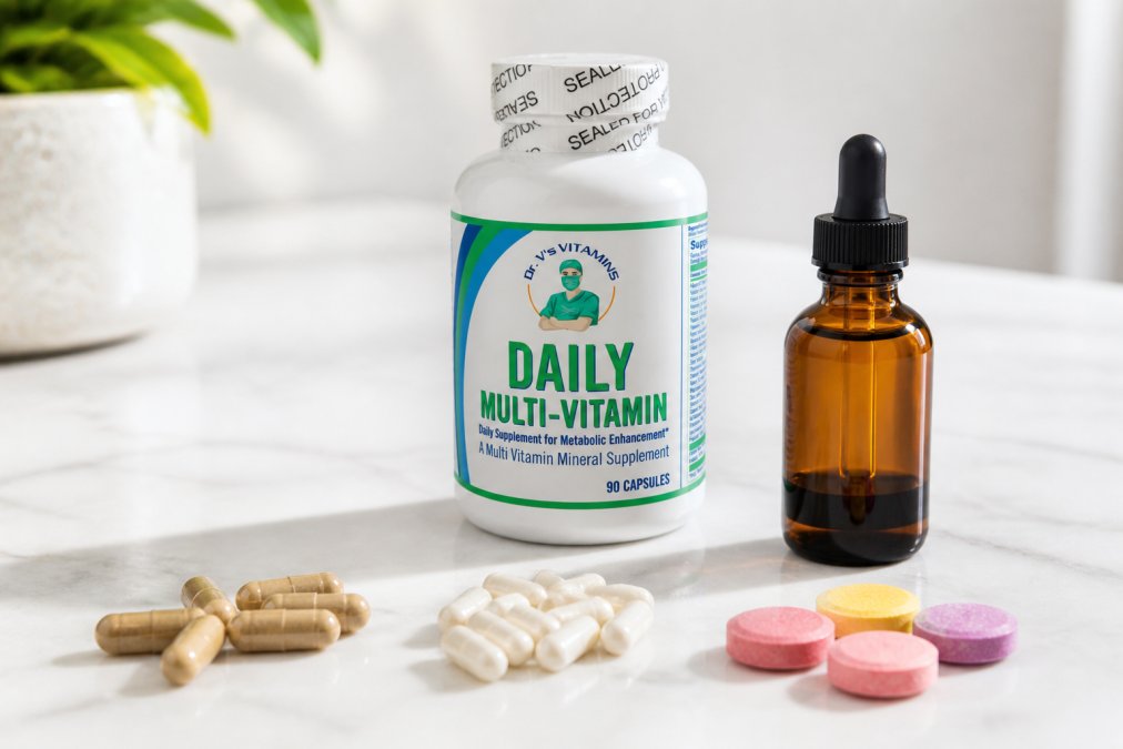 Close-up of different bariatric vitamin delivery forms arranged on a clean white surface: capsules in various sizes, chewable tablets with a pleasant appearance, and a liquid supplement bottle with dropper, showing the range of options available for sensitive stomachs