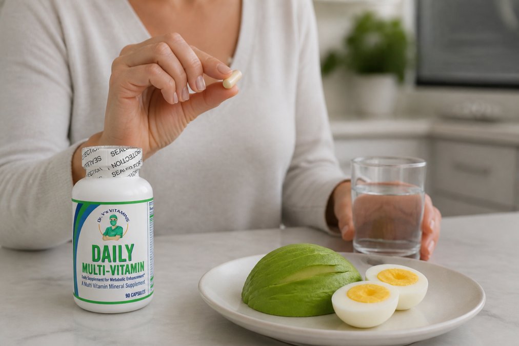 Person's hands holding a vitamin capsule with a glass of water nearby, a small plate of eggs and avocado visible on the table, demonstrating proper timing and food pairing for supplement intake in natural kitchen lighting