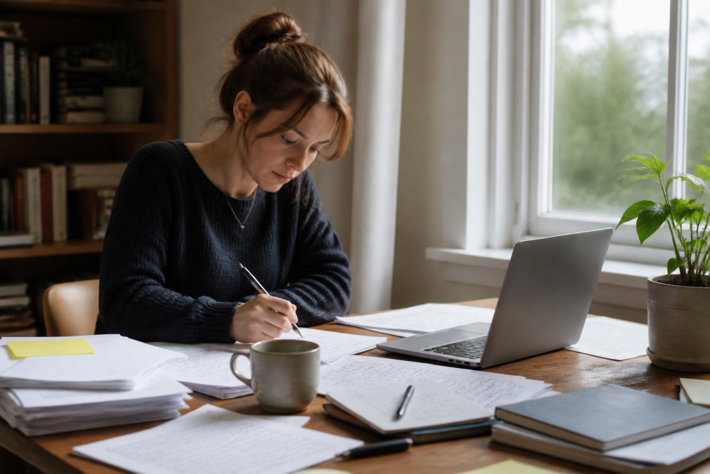 Author sitting at desk with laptop and scattered manuscript pages, coffee cup nearby, natural window light illuminating focused work
