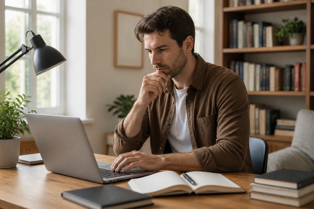 Writer editing text on screen with thoughtful expression, hand on keyboard, home office workspace with natural light