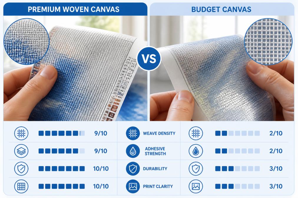 Close-up of hands holding two diamond painting canvases side by side, showing texture differences between premium woven fabric and thin budget canvas backing, with natural window lighting highlighting adhesive quality and weave density