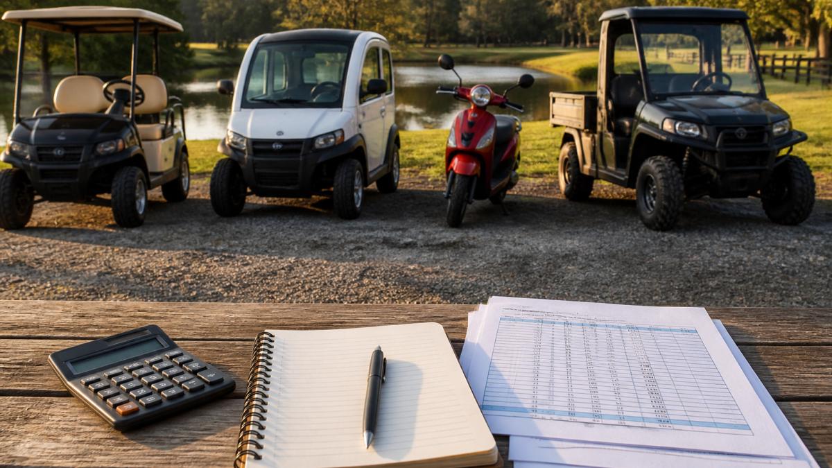 A row of four different small electric vehicles, a golf cart, a low-speed vehicle, a scooter, and a utility vehicle, parked side by side on a gravel lot at golden hour
