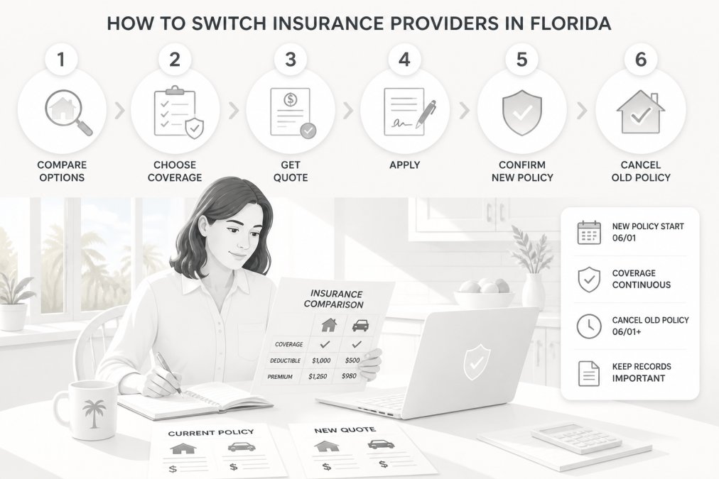 Florida homeowner sitting at kitchen table with insurance documents, laptop, and comparison sheets, natural afternoon sunlight streaming through windows