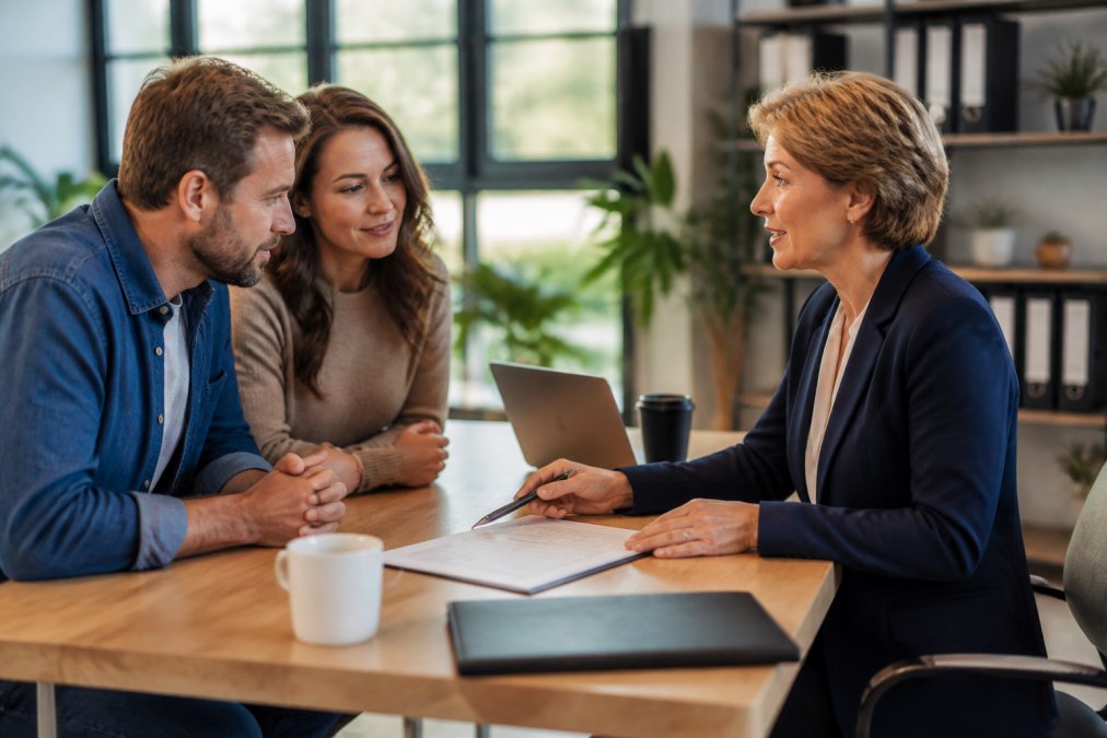 Professional insurance agent in modern office meeting with couple at desk, reviewing policy documents with laptop and coffee, warm professional lighting