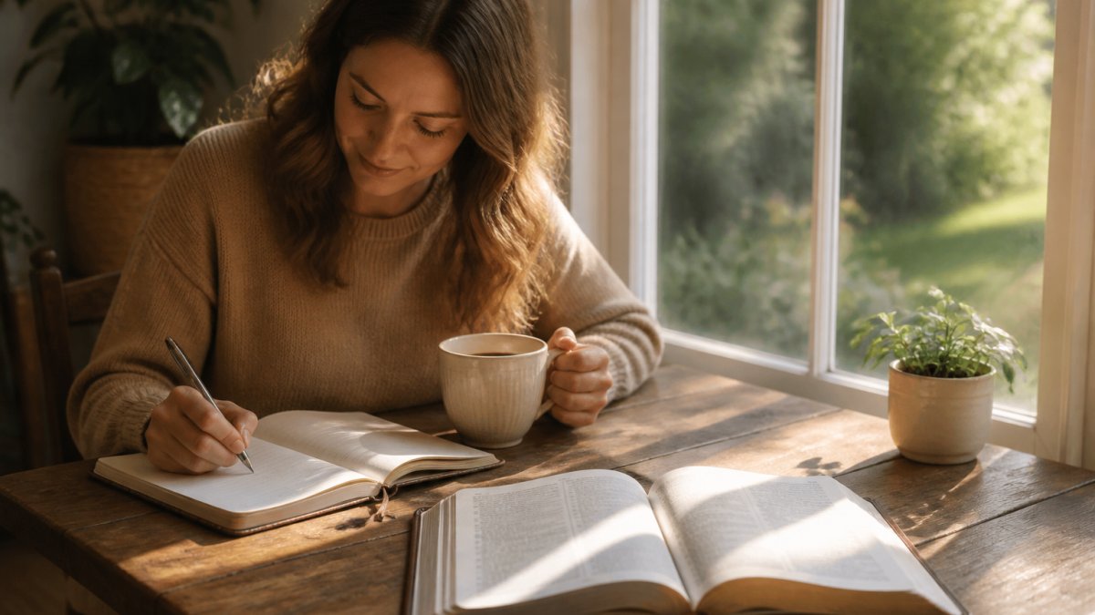 A mother sitting peacefully with a journal and warm coffee cup, sunlight streaming through a window, with an open Bible resting on a wooden table beside her