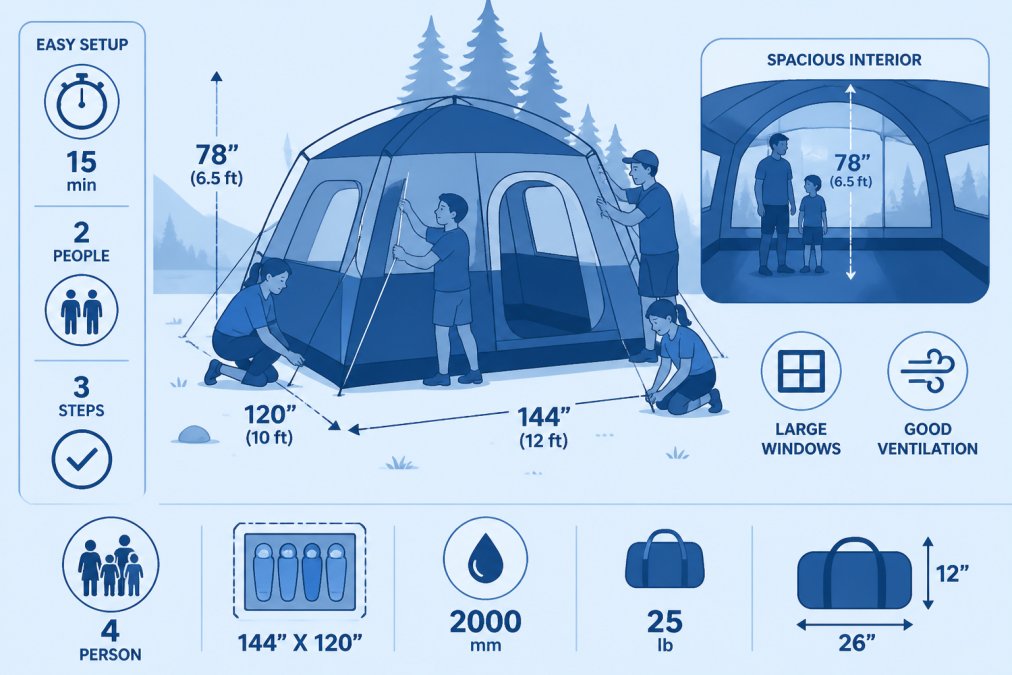 Family of four setting up a spacious family camping tent at a campsite surrounded by pine trees, with the tent's interior showing standing headroom and large windows, demonstrating ease of setup and comfort