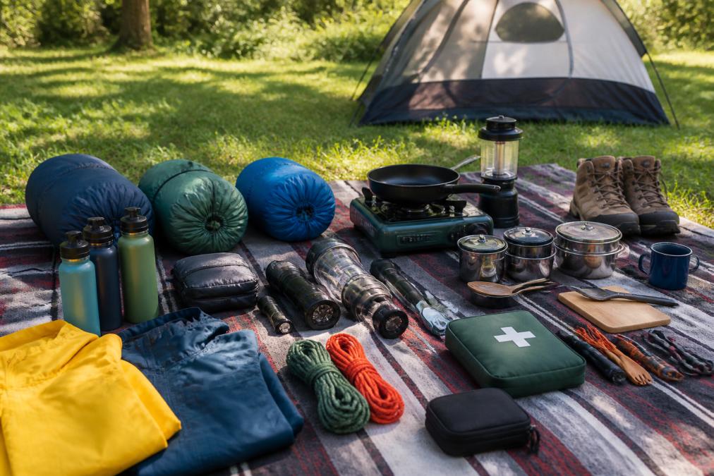 Organized camping gear laid out on a picnic blanket in natural sunlight, including rolled sleeping bags, camp stove, cookware, lantern, flashlights, rain jackets, and other essentials neatly arranged and ready for packing
