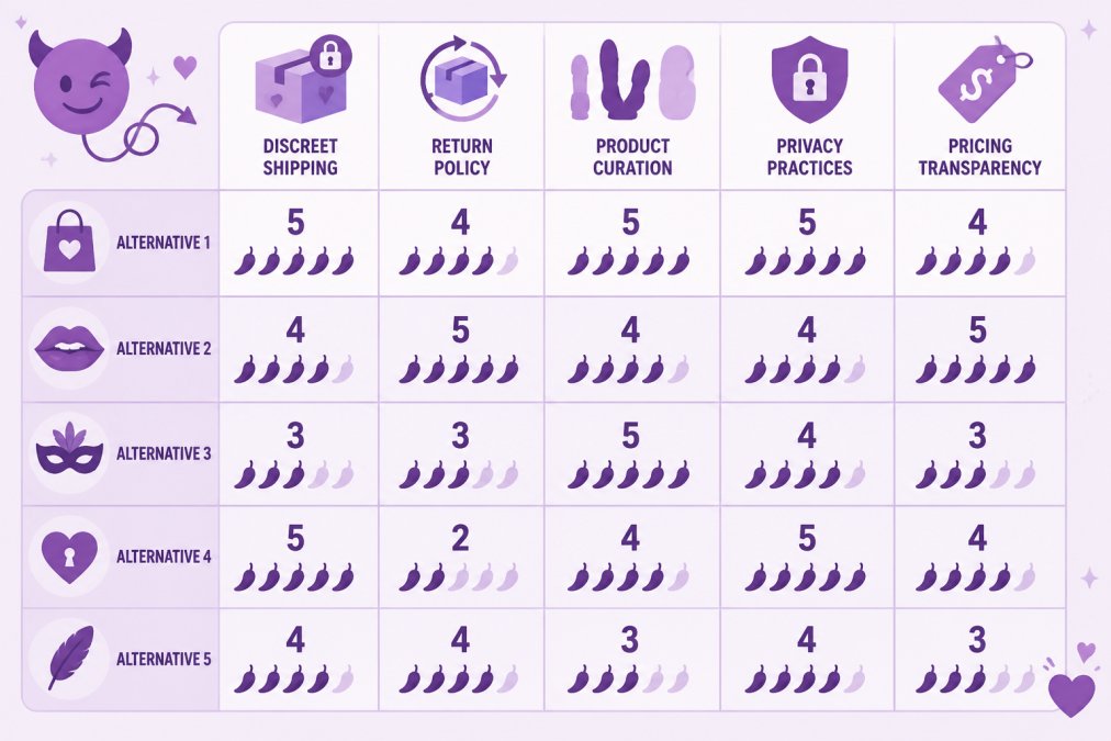 Feature comparison matrix scoring five criteria for intimate wellness retailers: discreet shipping, return policy, product curation, privacy practices, pricing transparency, each rated 1-5