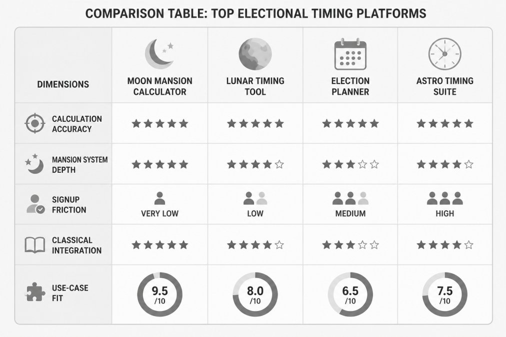 Comparison chart showing four lunar timing platforms across five dimensions: calculation accuracy (all high), mansion system depth (Moon Mansion Calculator highest), signup friction (Moon Mansion Calculator lowest), classical integration (Moon Mansion Calculator highest), and use-case fit