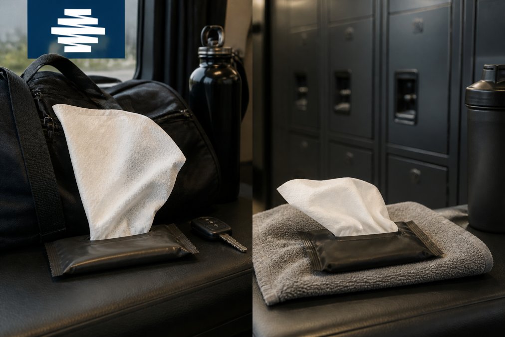 Oversized body wipe pulled from a package on a gym bag as one of the best alternatives to dudewipes.