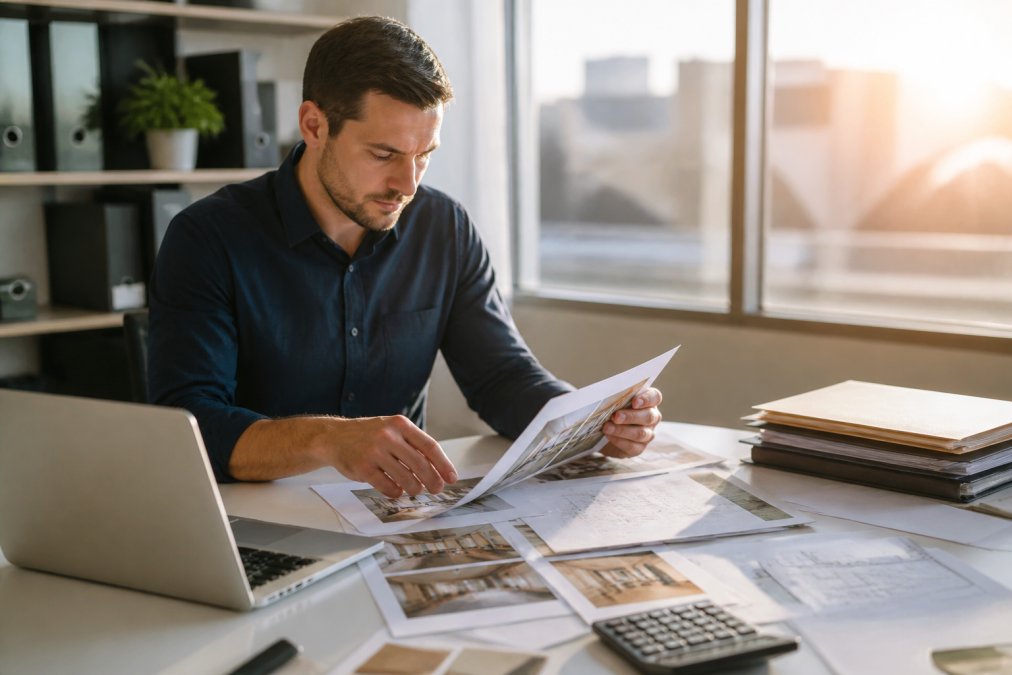 Real estate investor reviewing renovation project photos and financial spreadsheets on a desk with a laptop displaying a hard money loan application dashboard, morning sunlight streaming through office windows