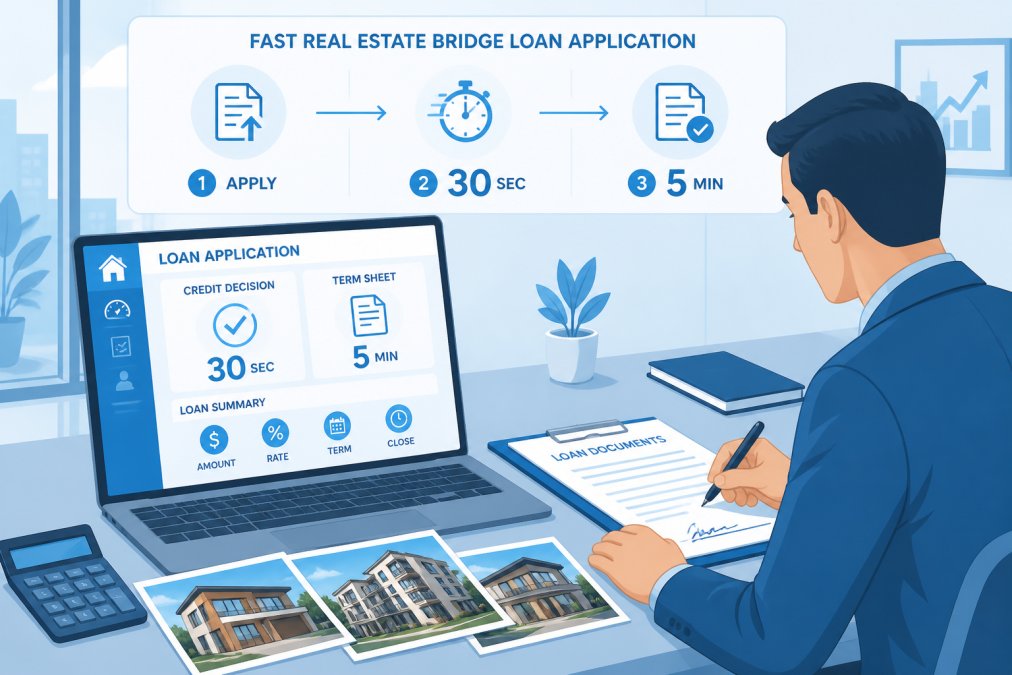 Professional real estate investor signing bridge loan documents at a desk with a laptop showing a loan application dashboard, property photos spread across the desk, and a calculator visible in modern office lighting