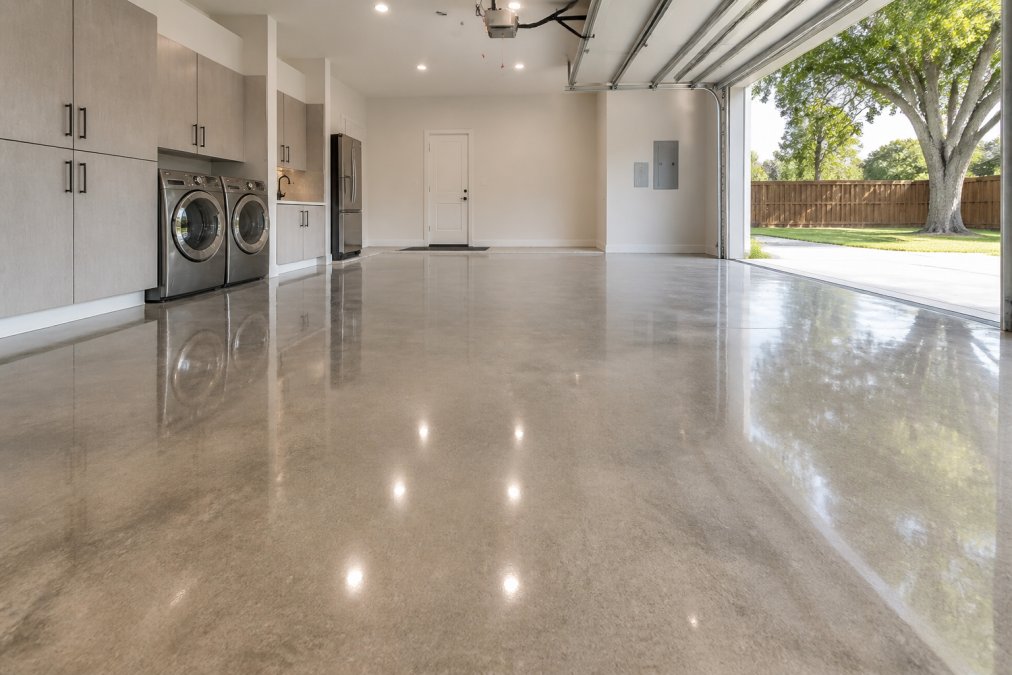 Residential garage with high-gloss polished concrete floor reflecting bright overhead LED lighting, showing the smooth mirror-like finish with subtle aggregate patterns visible and enhanced aesthetic appeal of the space