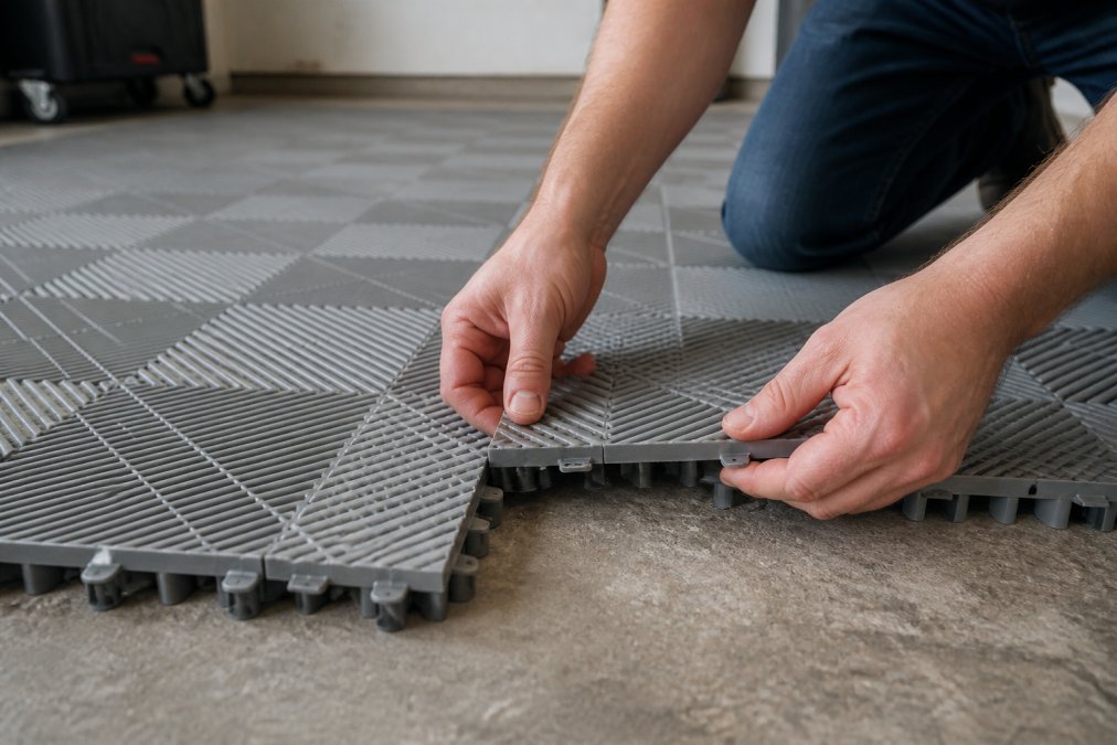 Homeowner's hands installing interlocking garage floor tiles, showing the interlocking mechanism connecting two tiles and the self-draining channel system visible underneath, with several tiles already laid in the background