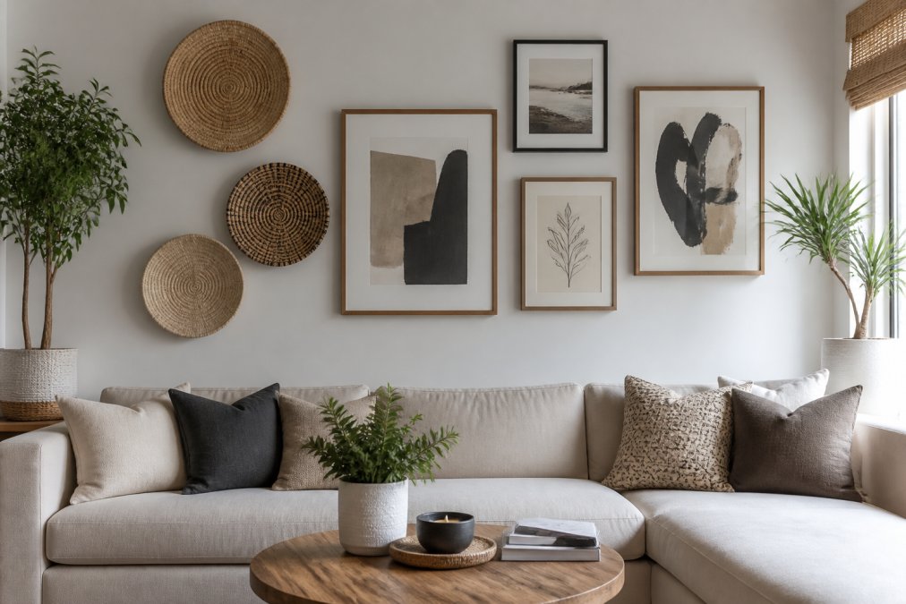 Modern living room featuring a mix of budget-friendly and statement pieces, with woven wall baskets in neutral tones, white ceramic planters with green plants, and canvas wall art arranged on a feature wall, creating a cohesive designer aesthetic through intentional layering and neutral color coordination