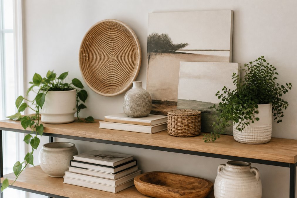 Styled shelf display featuring carefully arranged home accessories including white ceramic planters with trailing plants, a woven wall basket, stacked neutral-toned books, and canvas art propped against the wall, demonstrating intentional curation and layered styling