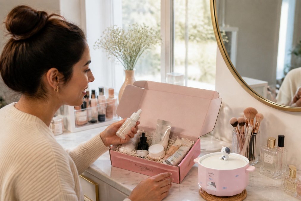 Person sitting at vanity with organized beauty products, makeup brushes, skincare items, and a subscription box, examining contents with natural window lighting